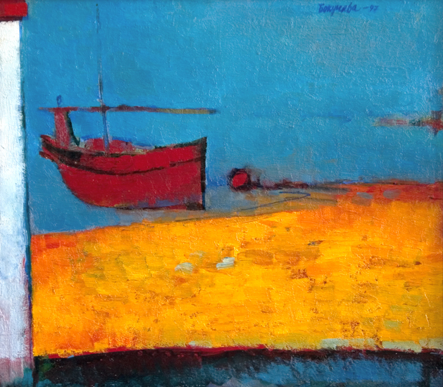 «Red longboat» 35.7x40.7cm. 1997. Oil on canvas