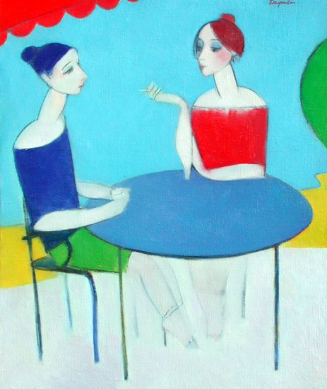 «Under red umbrella» 65x55cm. Oil on canvas